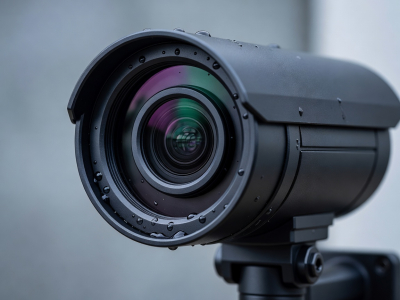 Close-up of a weather-resistant outdoor security camera lens