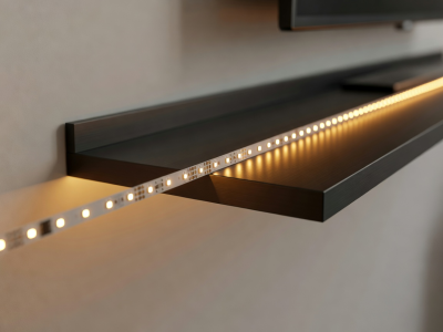 Detailed view of smart LED strip lighting emitting a warm glow