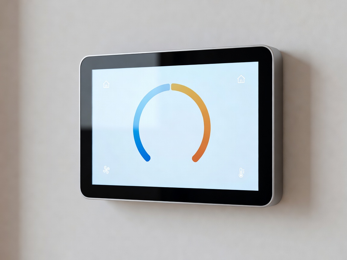 Digital smart thermostat displaying target temperature on a wall