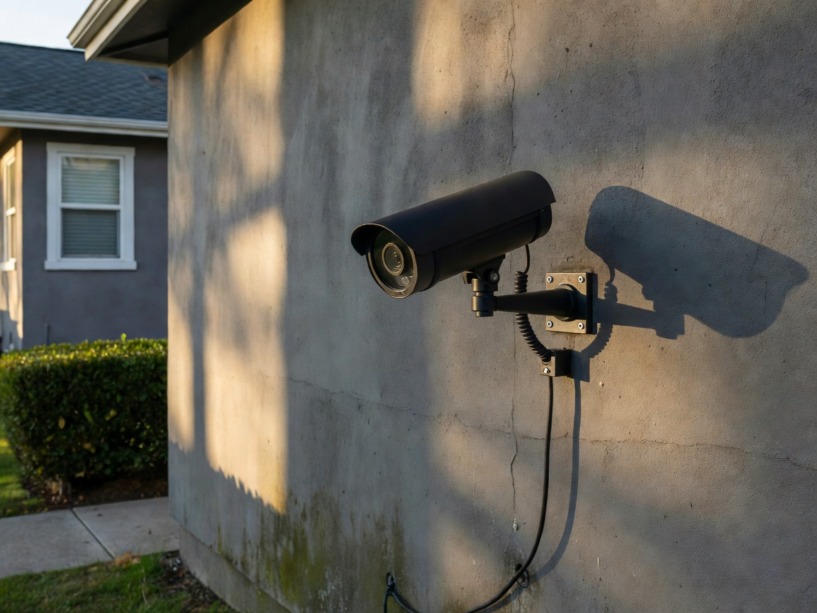 Security camera mounted on a residential exterior wall
