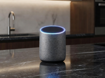 Sleek voice assistant smart speaker illuminating on a countertop