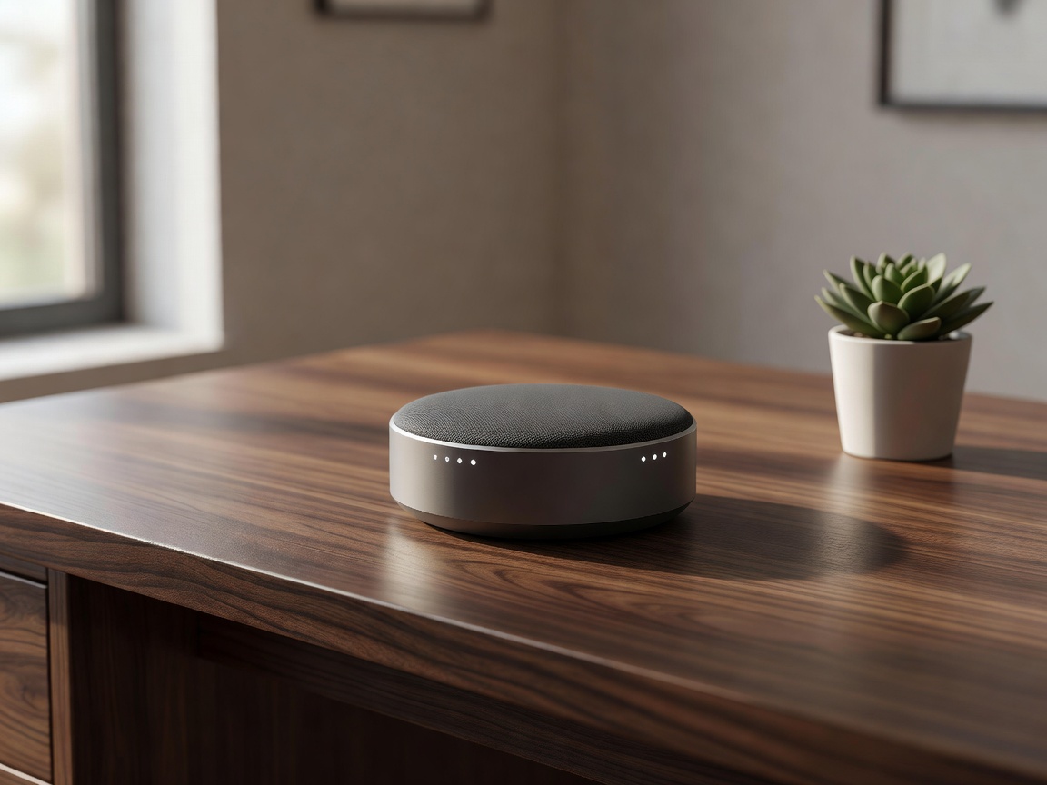 Smart home voice assistant speaker on a wooden desk